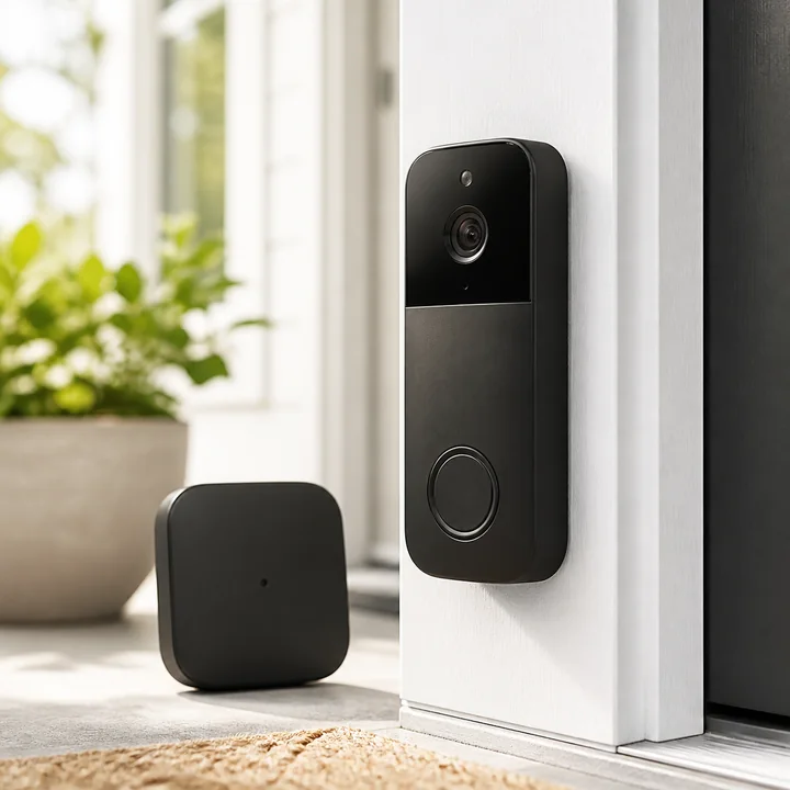 Modern video doorbell and compact sync module by a front door